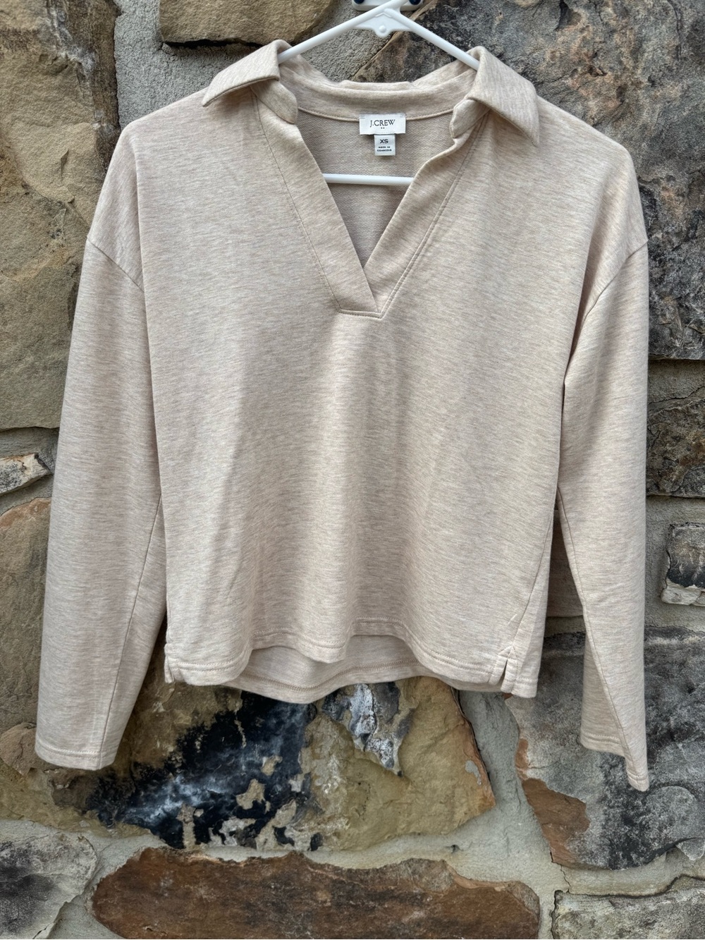 J. Crew Neutral Heather Beige Oatmeal V-Neck Polo Sweatshirt XS Cozy